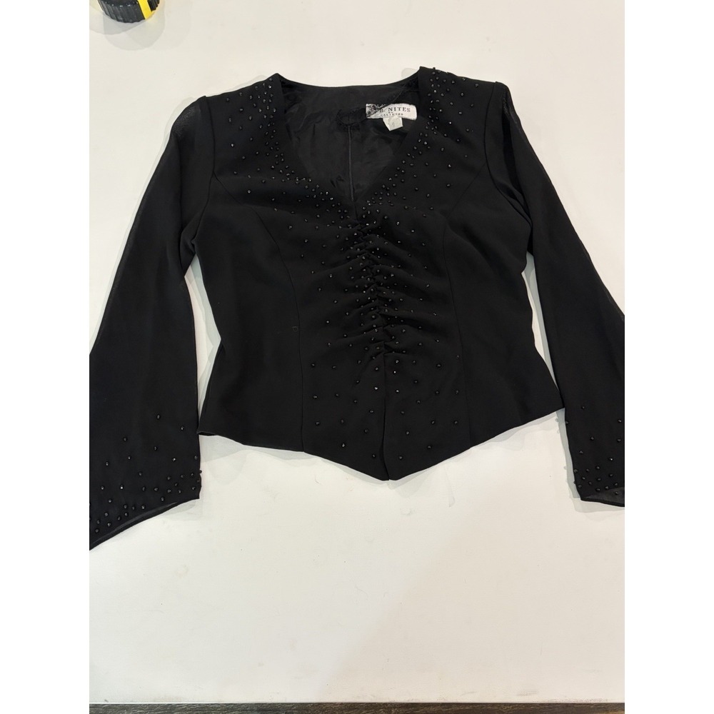 JR Nites Womens 8 Black Beaded 1940s Style Chiffon Sleeve Blouse Top 41019